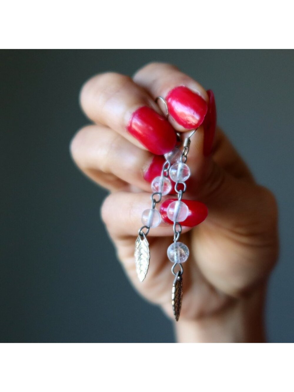 Clear Quartz Earrings Silver Leaf Magic Crystal Healing Dangle